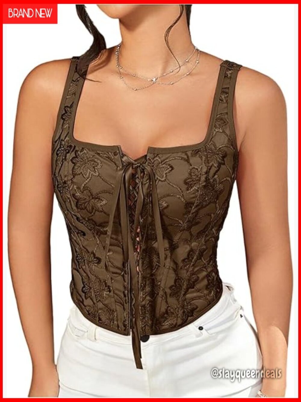 Floral Embroidered Corset Tank Top with Lace Up Front Square Neck